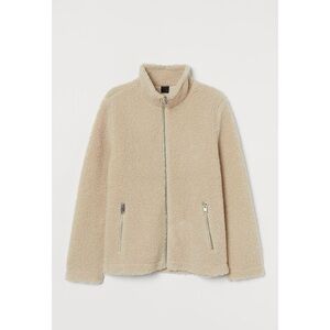 H&M Faux Shearling Jacket Teddy Coat Beige Cream Cozy Warm Fall Full zip ivory